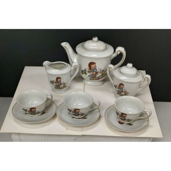 Children's China Tea Set 17pcs Made in Japan Girl and Blue Bird Damaged Cup - Picture 2 of 9